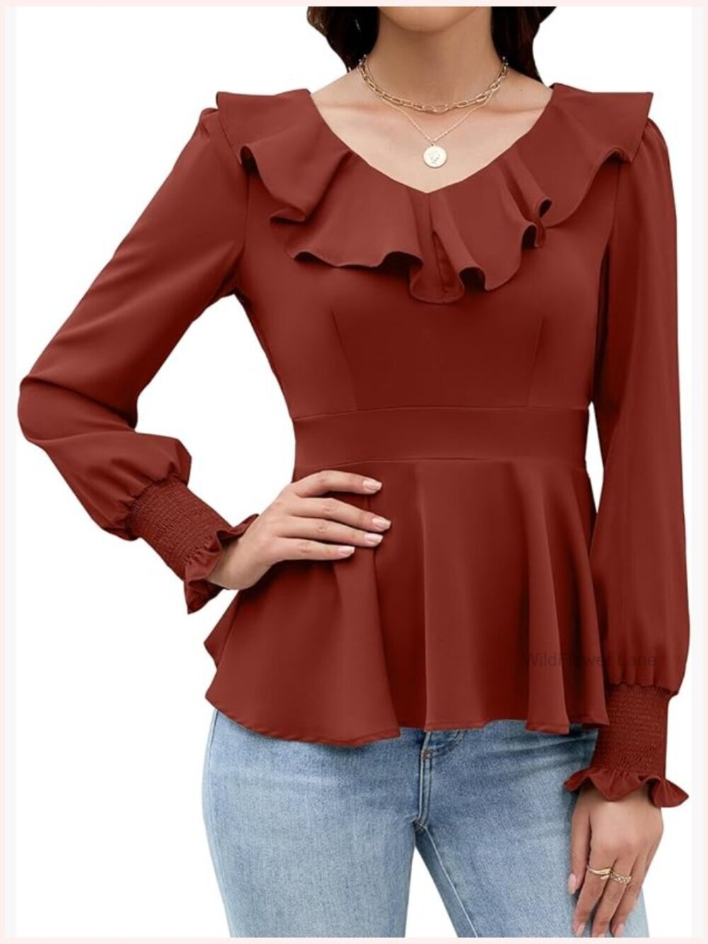 Dressy Long Sleeve V Neck Ruffle Blouse for Work